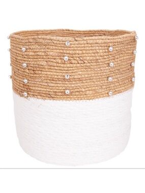 SUMMER & ROSE Brooke Water Hyacinth Storage Bin Woven Basket White Tan Boho